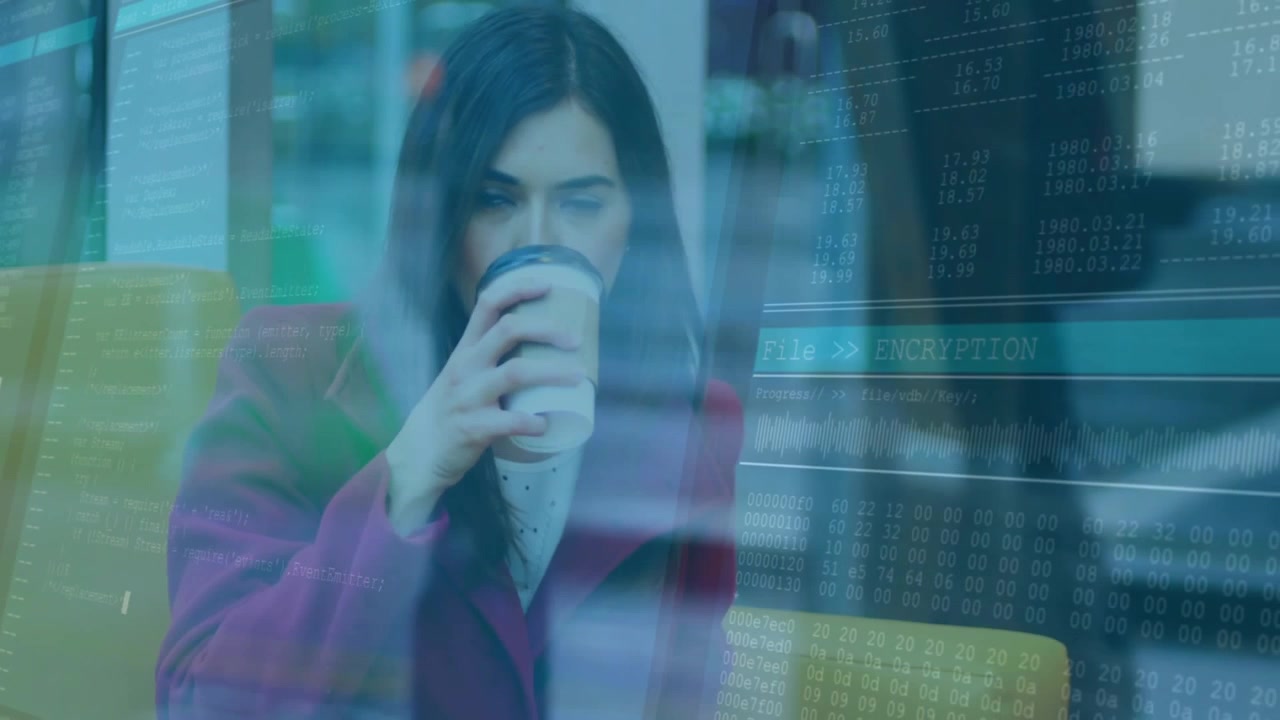 Mid adult woman tapping phone while waiting, summoning tech code overlay on glass, sipping coffee