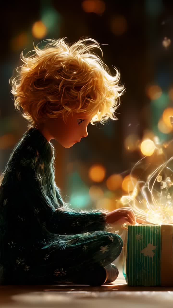 A Child's Enchantment: Discovering Magic Within a Gift Box During a Cozy Winter Evening Filled with Warm Lights and Innocent Curiosity