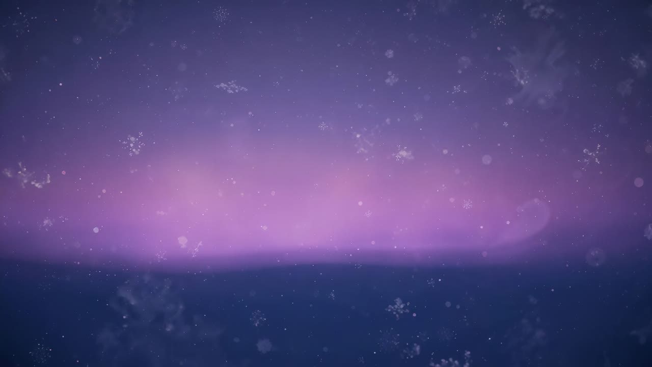 Appearing new pale snowflake motifs drifting across purple-pink dusk horizon band, looping softly