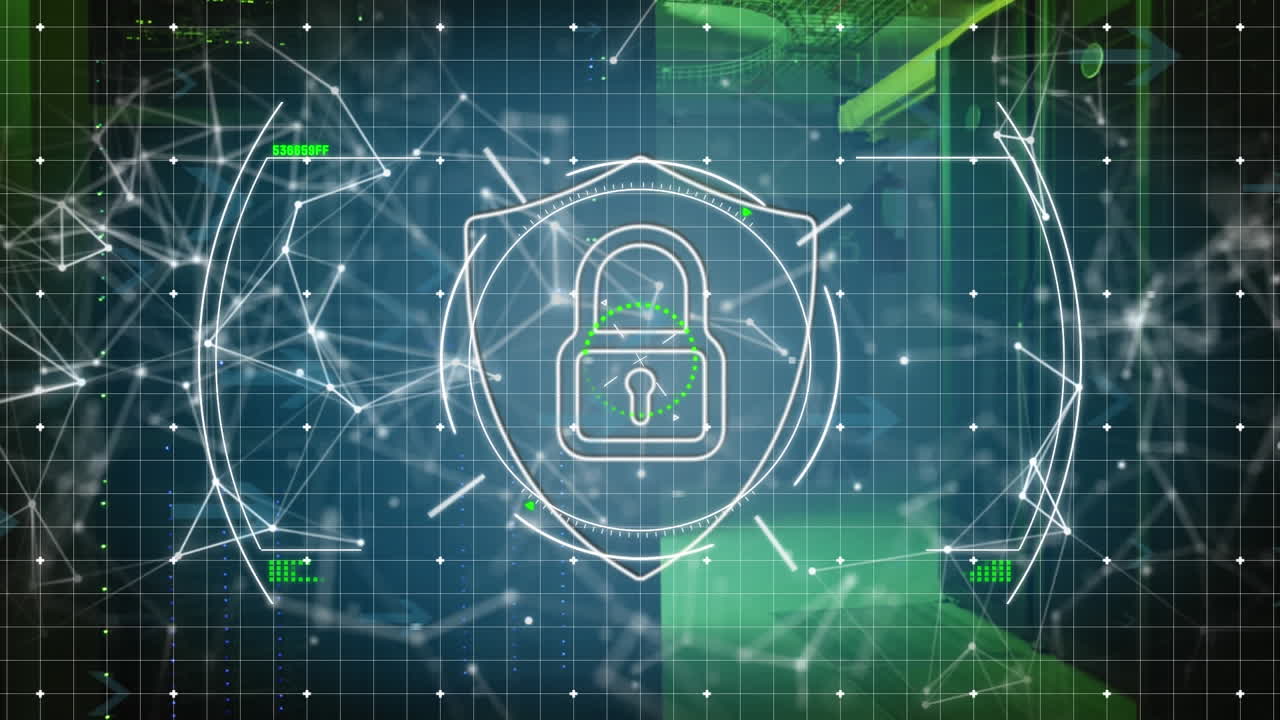Animation of padlock and data processing over grid