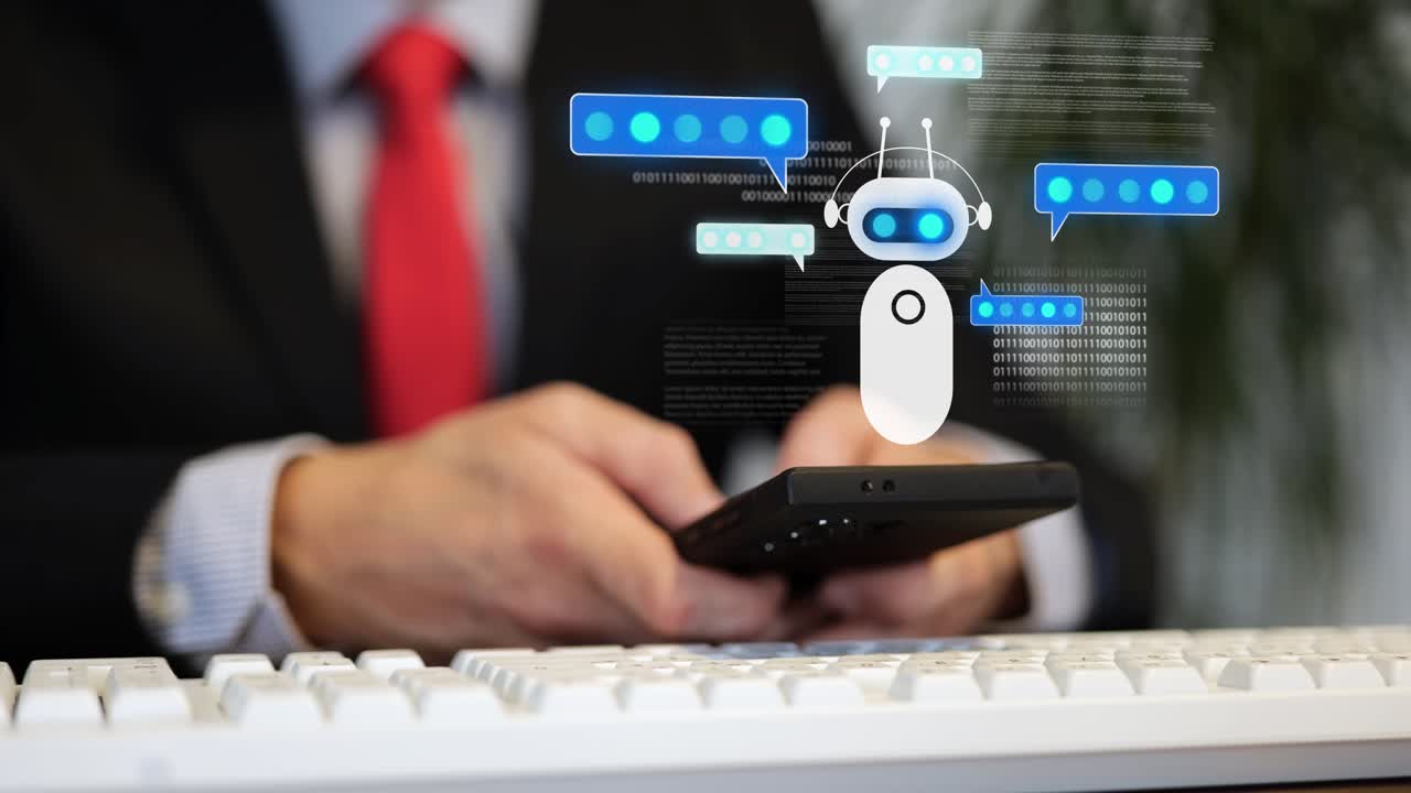 Agente che chiede aiuto all'Assistente IA, intelligenza artificiale che risolve problemi d'ufficio