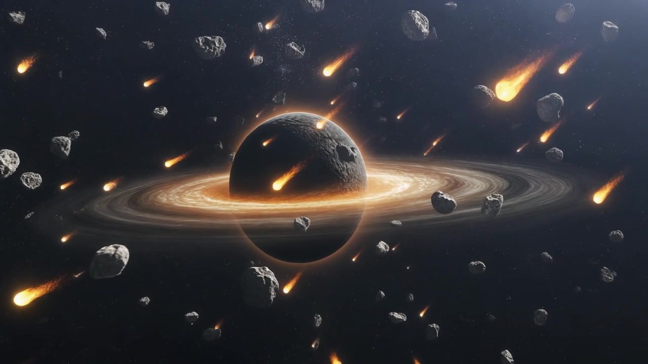 Sciame meteorico che bombarda un pianeta anellato nello spazio profondo