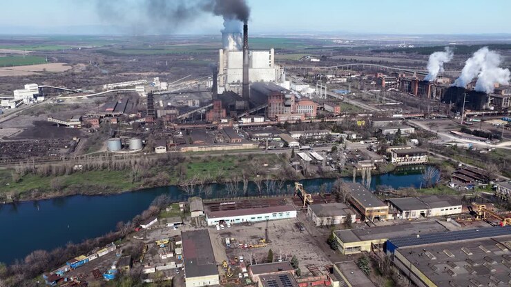 Aerial view to a coal-fired power plant in Eastern Europe, Stara Zagora Region, Bulgaria