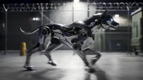 A futuristic robotic dog navigates a dimly lit facility, demonstrating agility and advanced design. The atmosphere is filled with anticipation as technology comes to life in this unique setting.