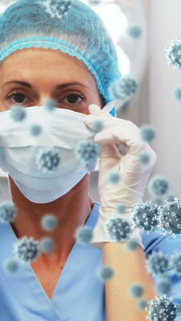 animación de una doctora caucásica con una máscara facial sobre las células del virus