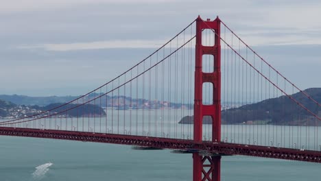 Stationary-drone-shot-of-the-traffic-driving-over-the-golden-gate-bridge