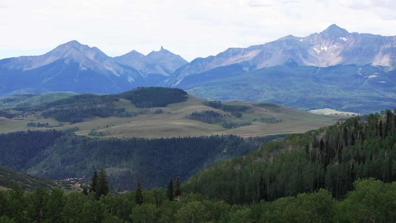 Summer Last Dollar Road Ridgeway Telluride Colorado aerial drone Uncompahgre Forest Mount Sneffels Wilderness Aspen Trees grove vista ranch and San Juan Rocky Mountains Dallas Range landscape upwards