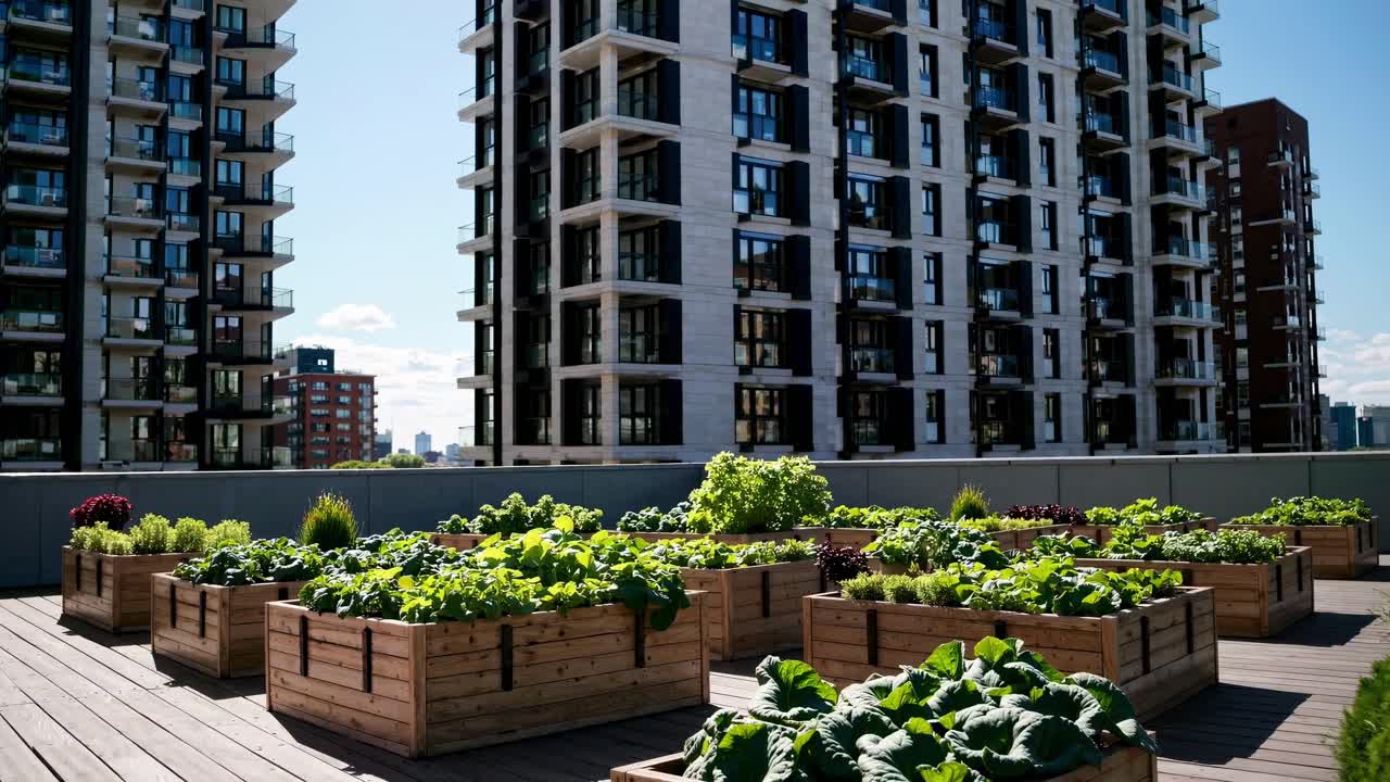 Jardim urbano no terraço com vasos de madeira e edifícios da cidade no plano de fundo, capturado de baixo