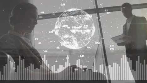 animation of data processing and globe over caucasian business people using tablet