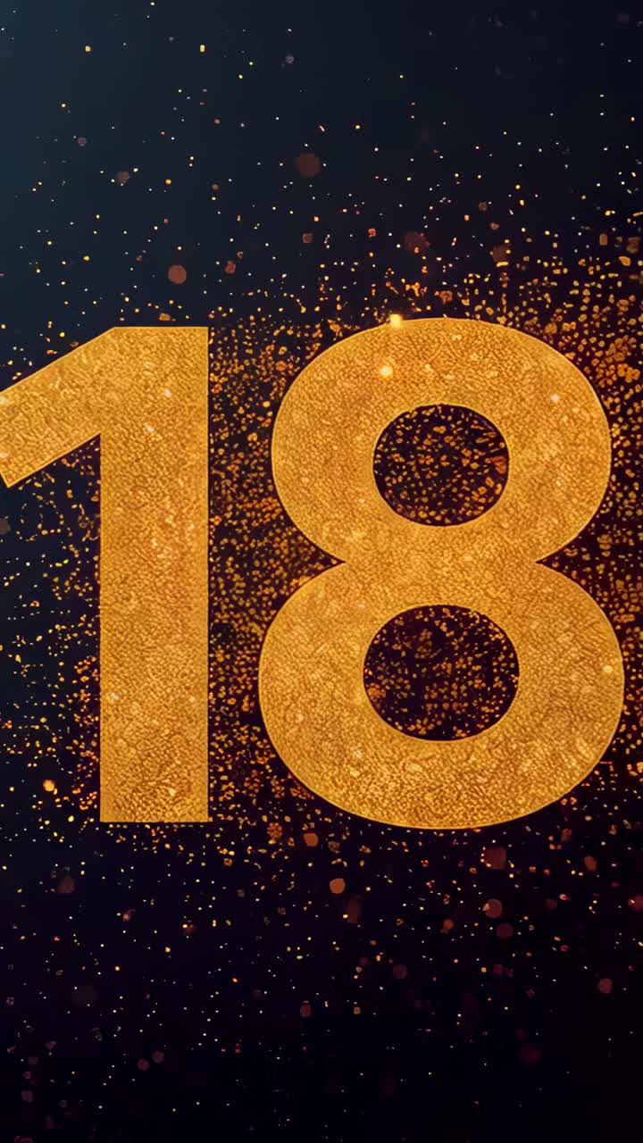Vertical video: Revealing gold 18 as particles streaming intensifying and bokeh glowing dark studio