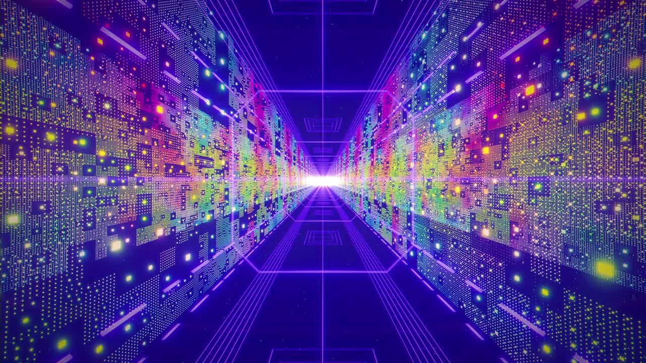 renderizado 3d, fondo geométrico abstracto, luz ultravioleta fluorescente, líneas de neón brillantes que giran dentro del túnel, espectro azul rojo rosa púrpura, formas que giran alrededor, animación en bucle video de stock