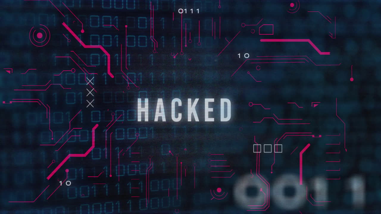 animación de texto hackeada sobre código binario y fondo de datos digitales