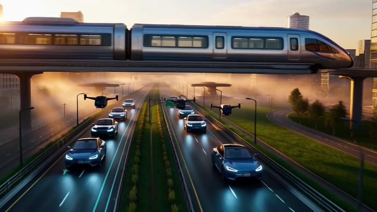 Futuristinen kaupunkiliikenne autonomisilla ajoneuvoilla ja lentävillä takseilla