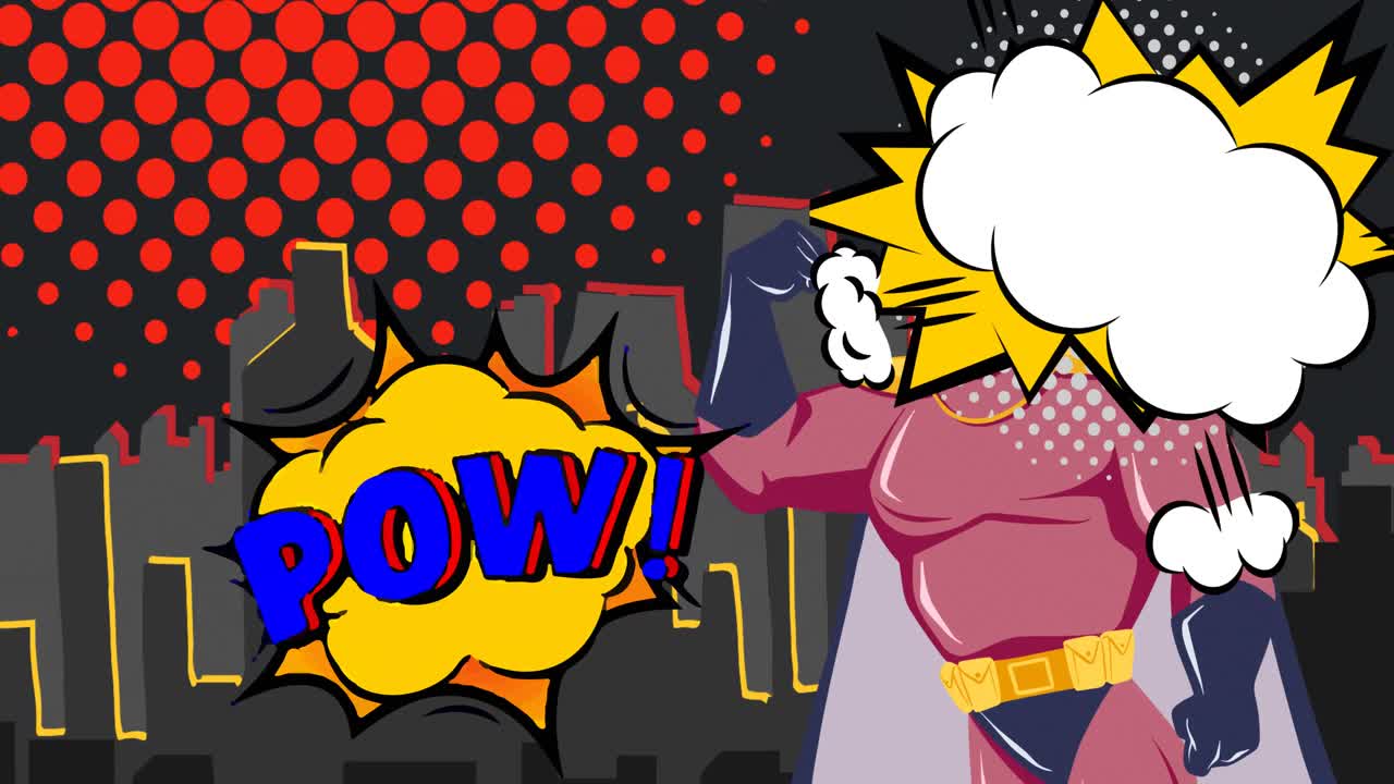 레트로 만화 연설 거품과 슈퍼 히어로가 밤에 도시 풍경 위를 날아다니는 애니메이션