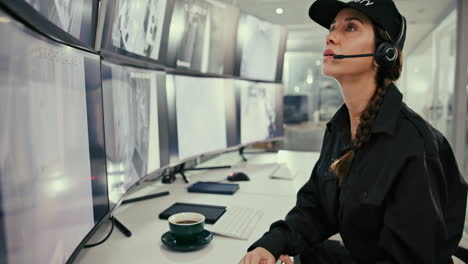Security guard monitoring security cameras in an office