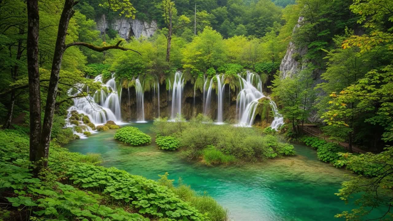 A Serene Landscape Featuring Cascading Waterfalls Surrounded by Lush Greenery in a Tranquil Forest Setting, Capturing the Beauty of Nature and Peaceful Waters