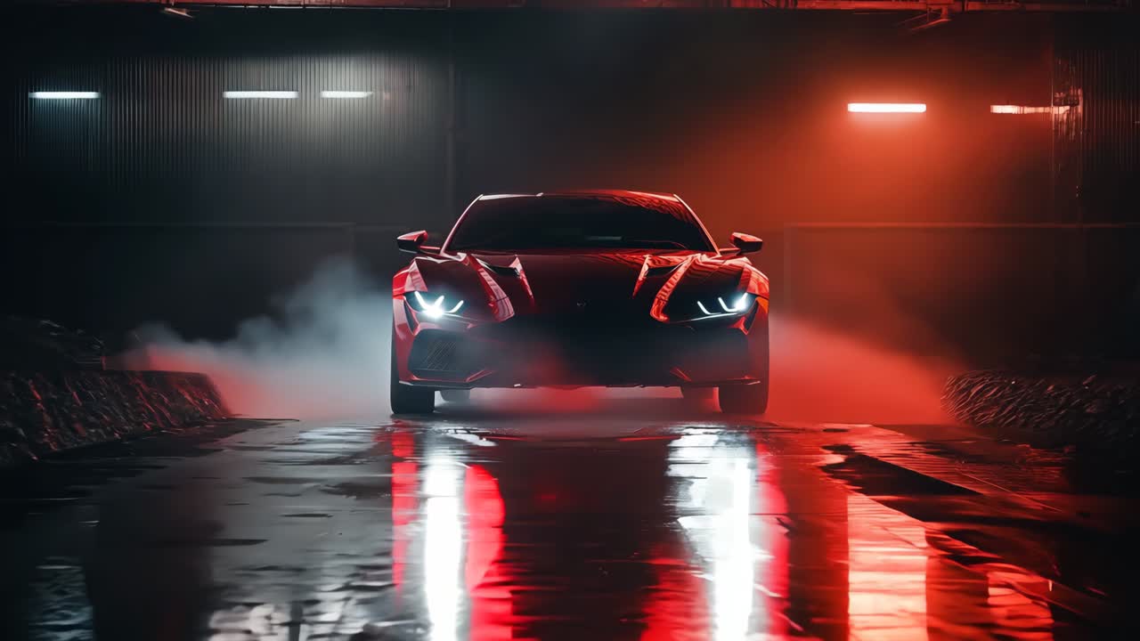 A red sports car is parked in a dark room