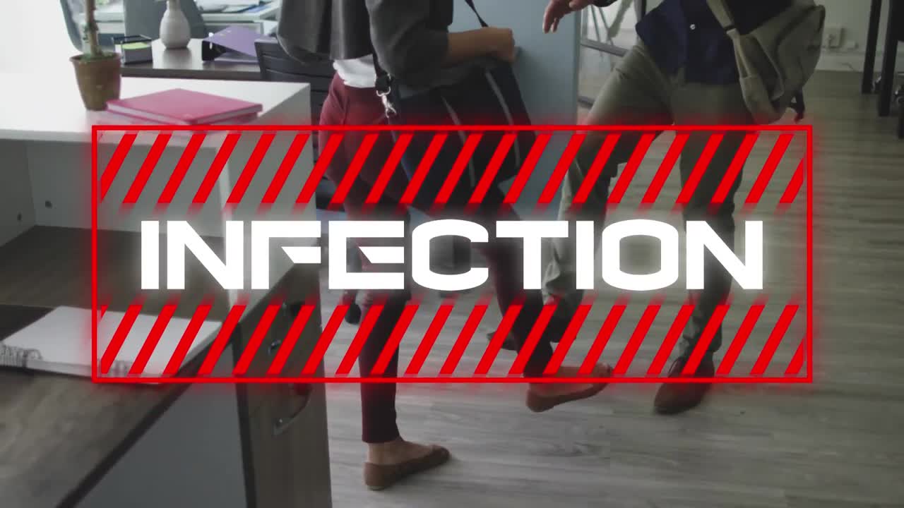 animazione del testo dell'infezione su uomo e donna che toccano i piedi indossando maschere facciali