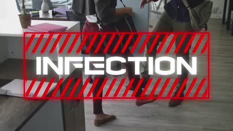 animación del texto de la infección sobre un hombre y una mujer tocando los pies con máscaras faciales