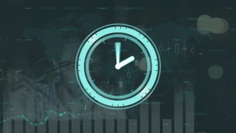 animación de reloj de neón y procesamiento de datos estadísticos contra el hombre caucásico cansado.