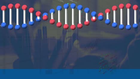estructura de adn girando sobre el procesamiento de datos del mercado de valores contra la mesa de la oficina