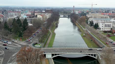 Aerial-View-of-Bridge-Over-River-in-Hradec-Kralove,-Czech-Republic