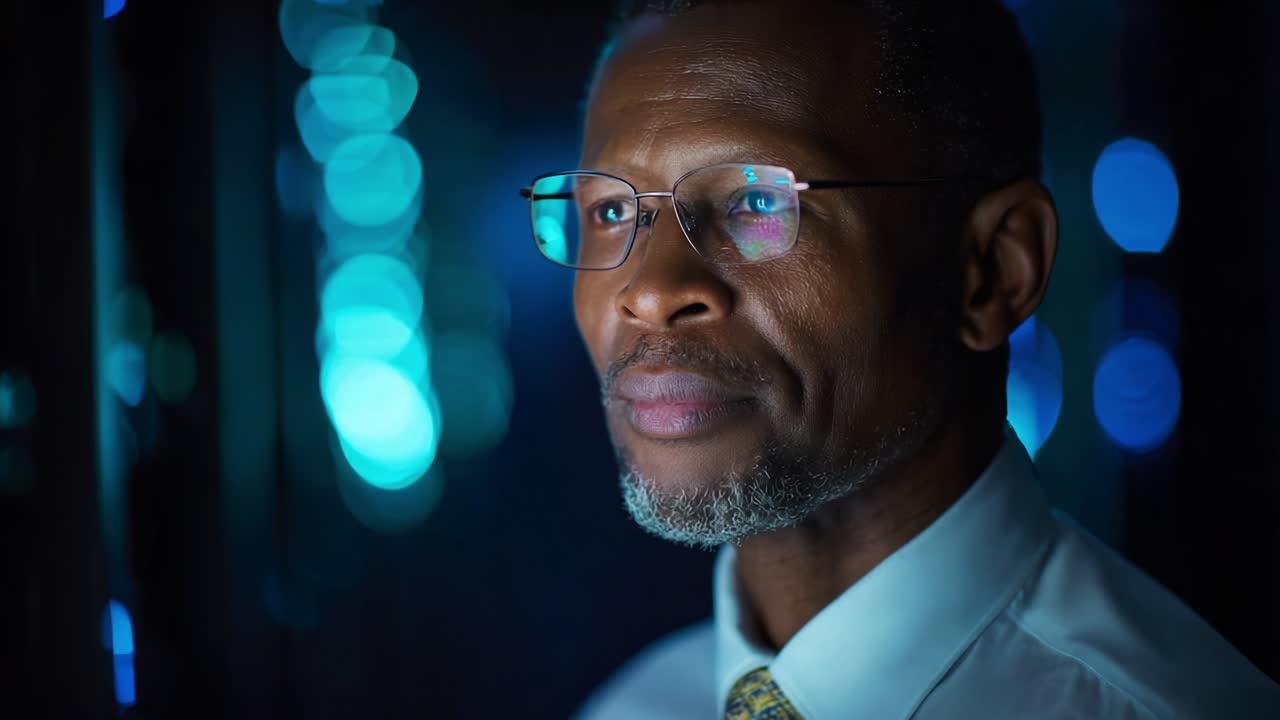A thoughtful businessman with glasses reflects on technology in a serene, illuminated environment, showcasing a blend of professionalism and insight as he engages in profound contemplation and analysis