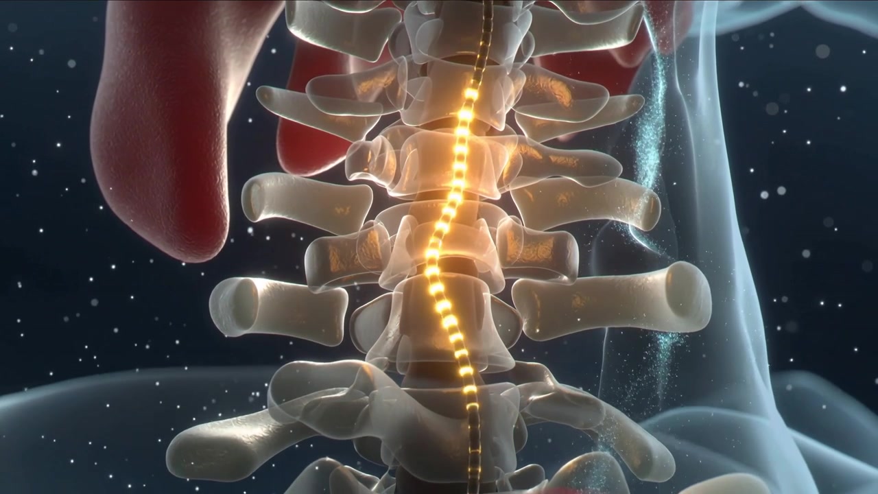 Showing spinal column propagating golden nodes down midline, electrical pulse initiating conduction