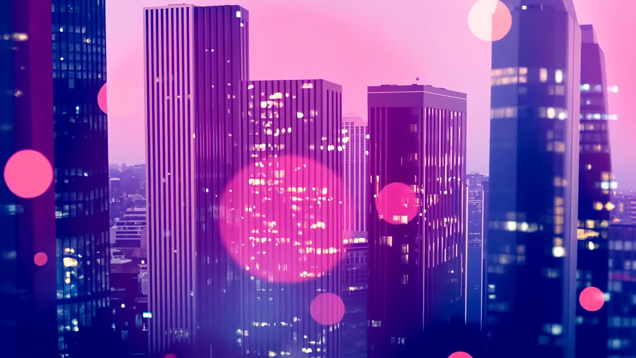 Cidade borrada com luzes bokeh vibrantes em tons de rosa e roxo, capturada de um ângulo alto.