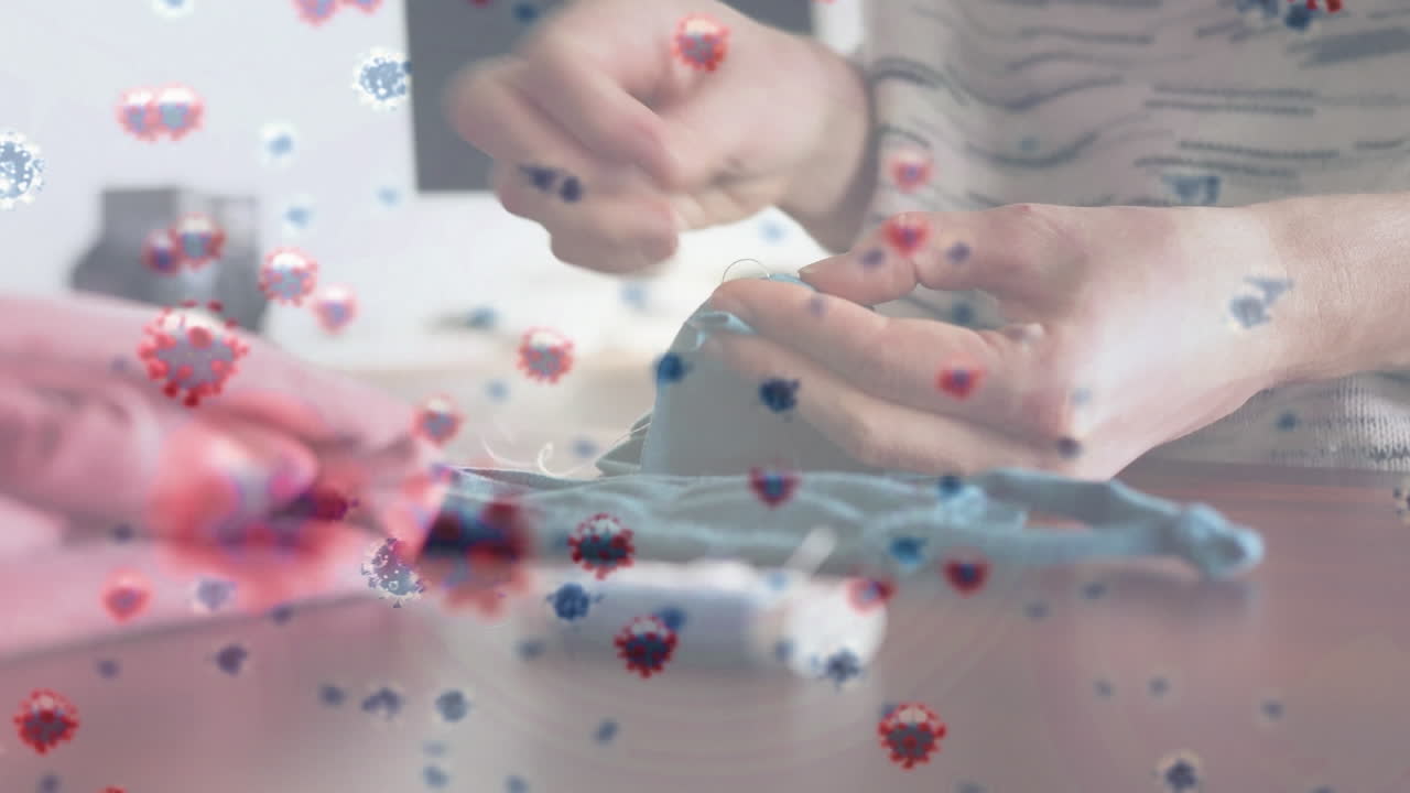 코로나 19 세포의 애니메이션이 마스크를  ⁇ 는 사람 위에