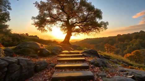 a lone tree sitting on top of a rocky hillside next to a set of stairs