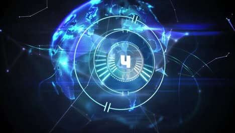 animation of countdown over round scanner and globe of plexus networks against black background