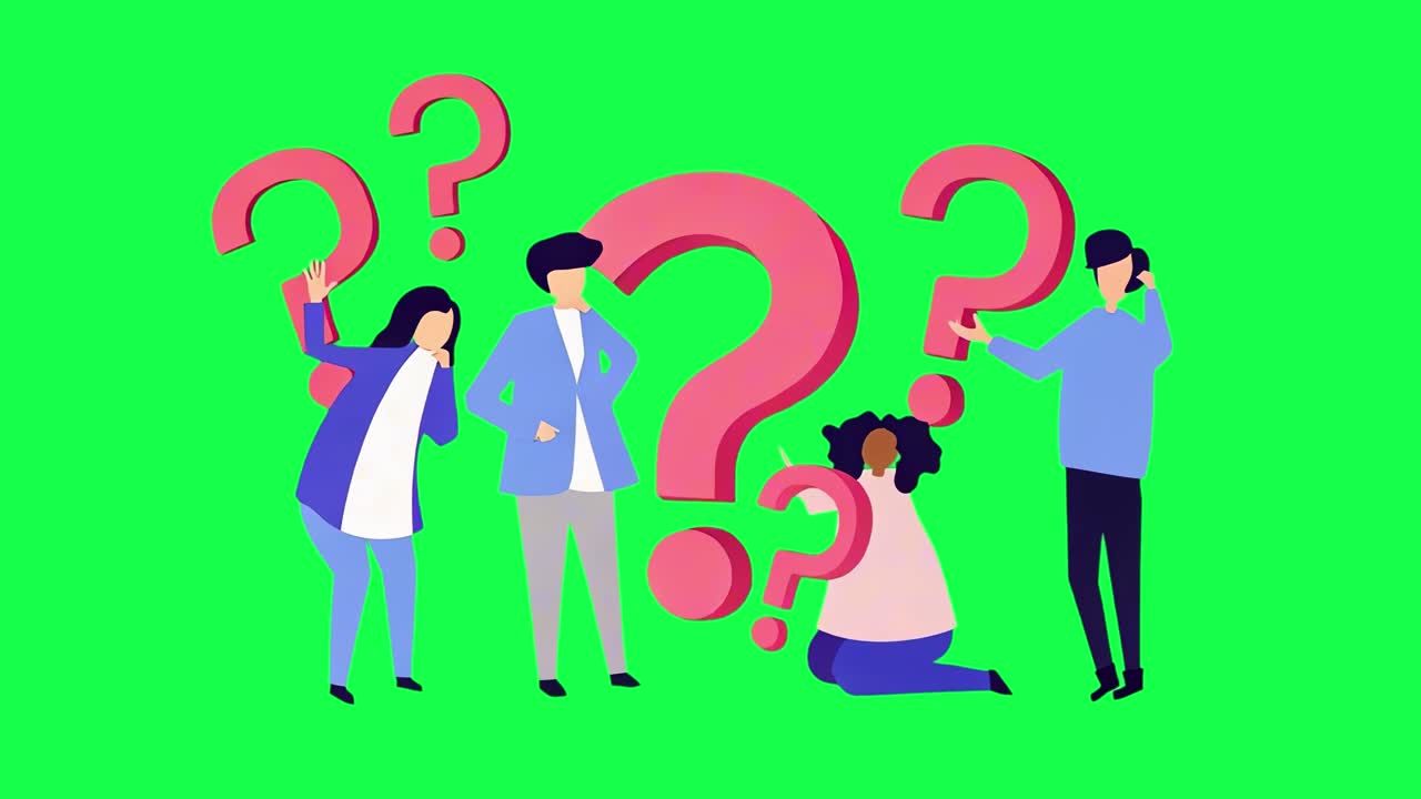 Colorful illustration with questioning people animation, transparent 4K video, green screen