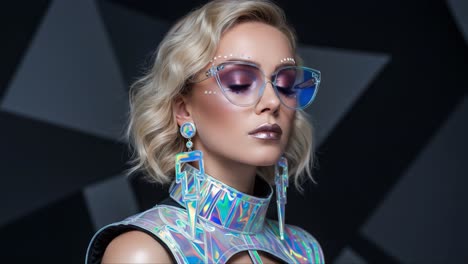 a stunning portrait of a fashion-forward individual showcasing futuristic style with iridescent details, bold accessories, and expressive makeup in a modern setting