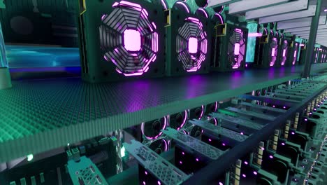 3d animation of mining equipment on stand racks mine cryptocurrency in steel container. blockchain technology application specific integrated circuit datacenter. server room lights.