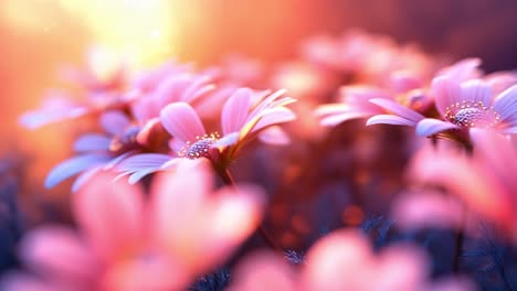 pink flowers bloom at sunset. a vibrant display of pink flowers blooms in a field during a stunning sunset, capturing nature's beauty.