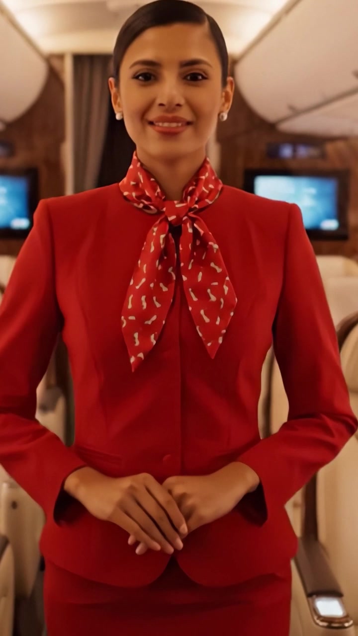 En elegant stewardesse i en fantastisk rød uniform og stilfuldt tørklæde byder passagerer velkommen ombord på et luksuriøst flymiljø med ynde og professionalisme