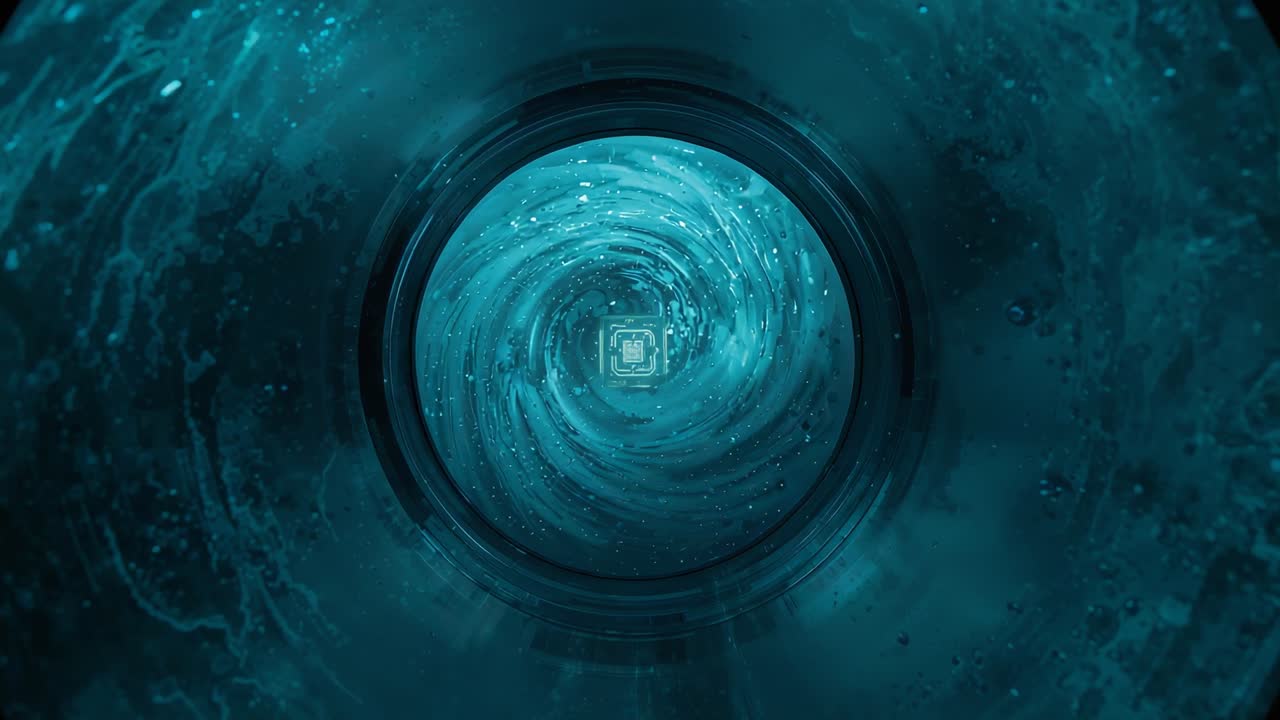Tightening teal swirl pulling bright particles inward inside chamber rim, revealing square emblem