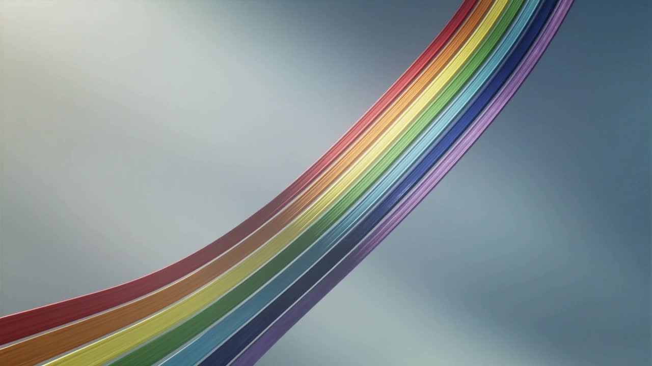 Regnbuebånd kommer ind nederst til venstre og fejer opad til højre over en skygradient, der afslører levende farvebånd