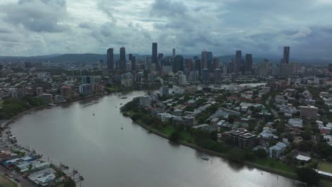 Brissy-Brisbane-City-River-Citycat-ferry-boats-Australia-aerial-drone-South-Bank-Park-Quay-Skyline-skyscraper-cranes-Glass-House-Mountains-sunny-cloudy-Aussie-morning-summer-autumn-winter-backwards