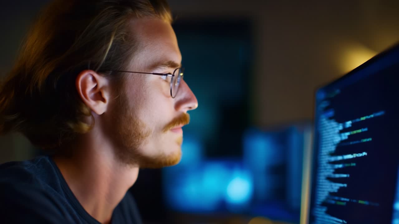 Deep Focus on Programming: A Profile of a Concentrated Individual Engaging with a Computer Screen Surrounded by Codes in a Dimly Lit Environment