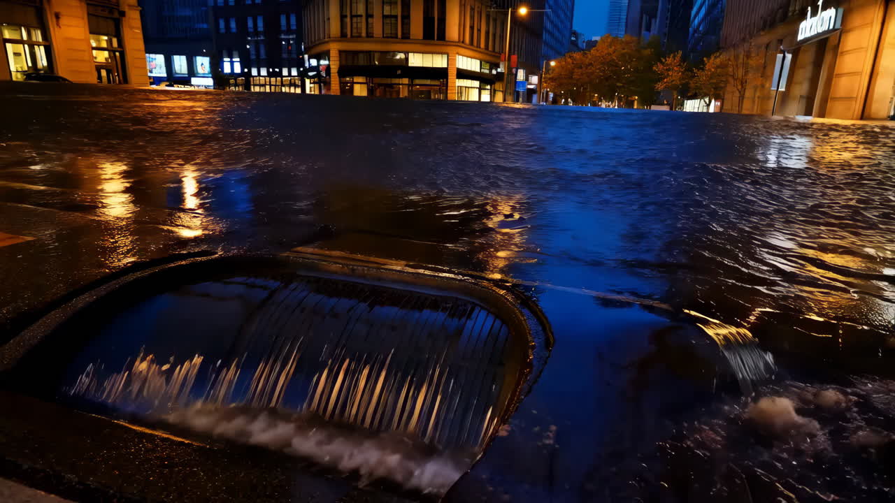 Flooded City Street at Night