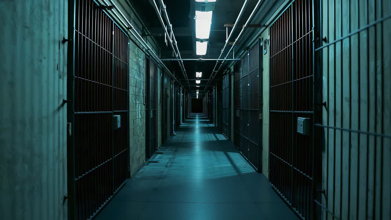 Recording camera capturing central corridor at prison for security, showing barred cell doors