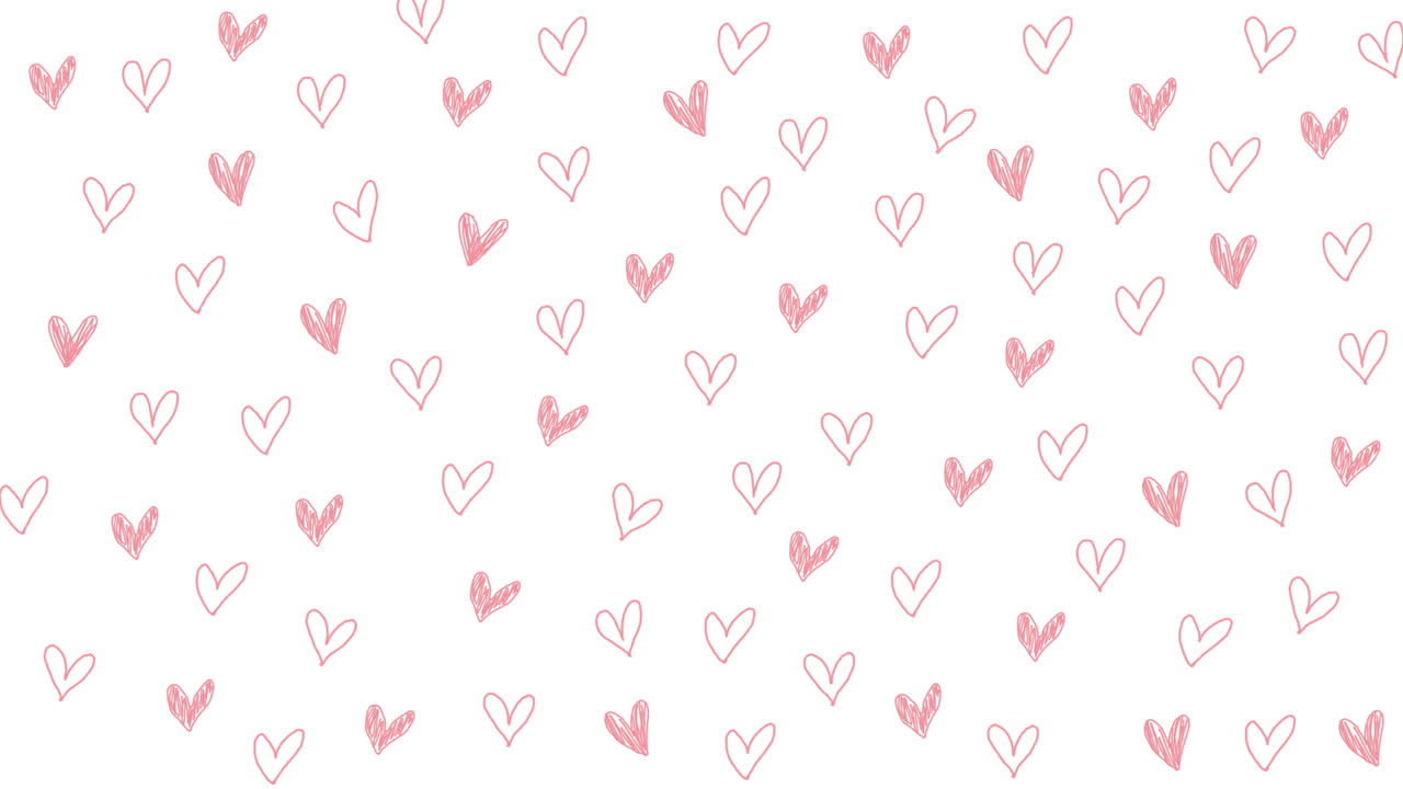 Loop animated pattern with ditsy pink hand drawn doodle hearts tossed on white background. Simple cute Valentines day greeting card.