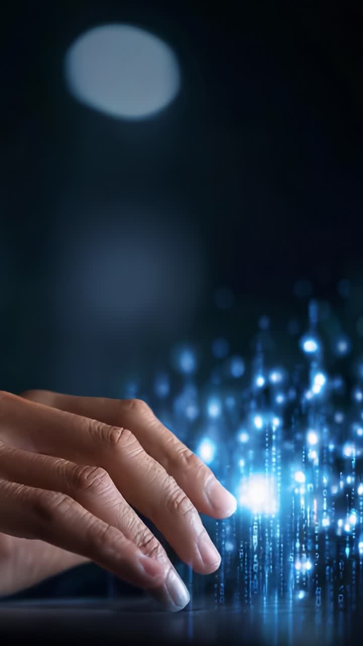 A Hand Interacting with Digital Particles Representing Technology and Innovation: A Glimpse into Futuristic Data Interaction and Virtual Connectivity