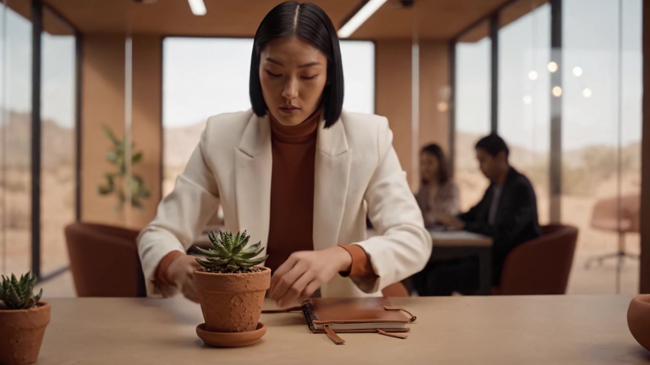 Pengusaha wanita yang fokus sedang merawat tanaman sukulen di lingkungan kantor modern, menampilkan pakaiannya yang stylish dan suasana profesional.