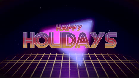 retro happy holidays with neon triangle & grid galaxy design