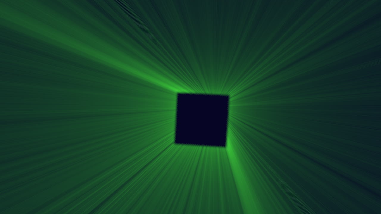 A black square with vibrant green lines emanating from it, suggesting a portal or window with an energetic and dynamic appearance, evoking ideas of light and potential transformation