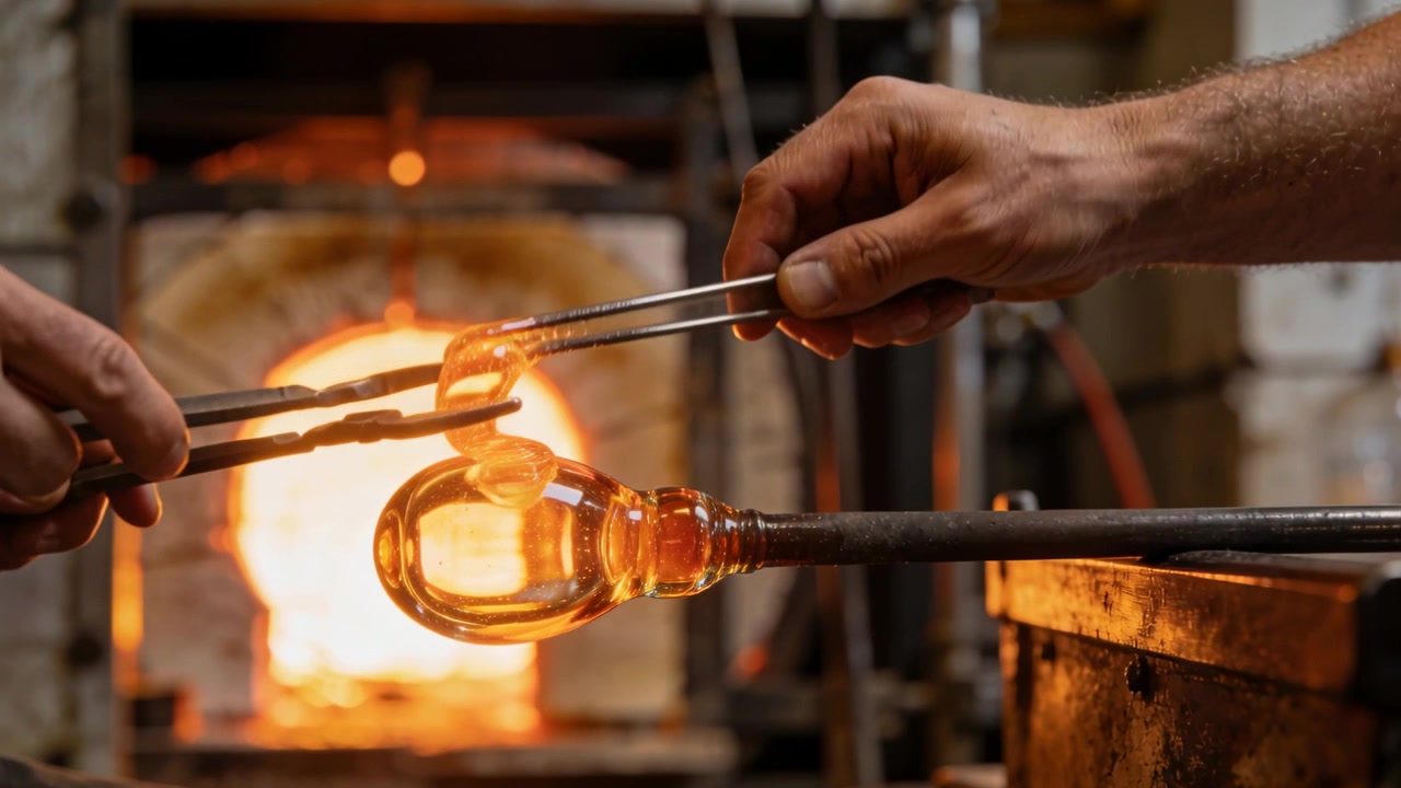 Furnace heating glass, craftsmen pulling molten glass, shaping loop on blowpipe at shop using tongs