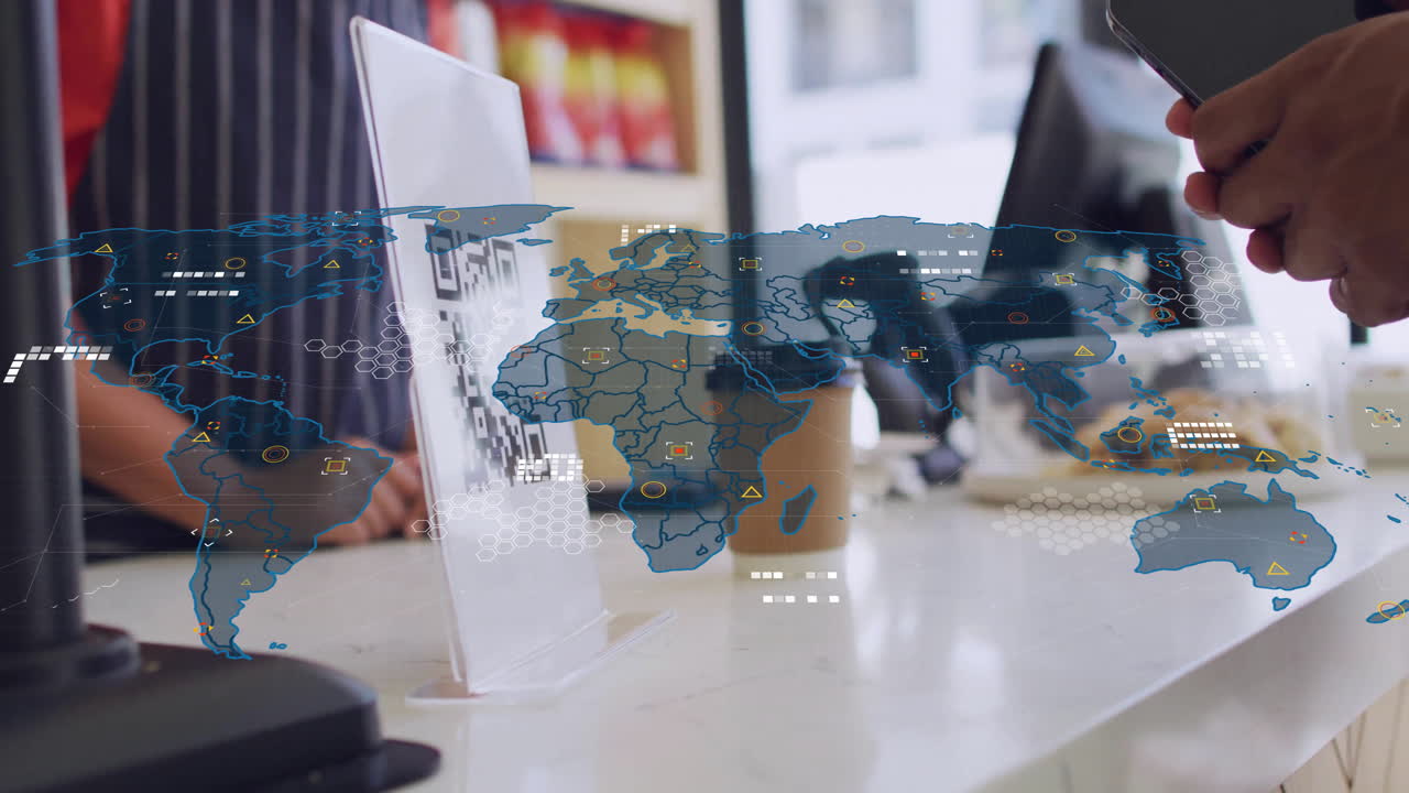 animación de procesamiento de datos financieros sobre hombre biracial escaneando código qr en una cafetería